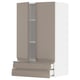 A modern beige-gray kitchen cabinet with a drawer, featuring sleek edges and a minimalist design.