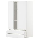 White METOD kitchen cabinet with glossy finish, featuring two drawers and an adjustable shelf.