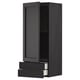 Black kitchen cabinet with two open drawers, modern design, made of wood and metal.