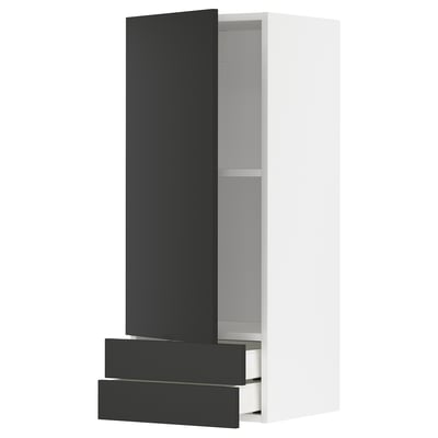 Modern kitchen cabinet in white and black. Tall, rectangular, with two drawers and a shelf.
