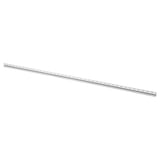 Silver metal rail with evenly spaced holes, used for mounting kitchen cabinets.