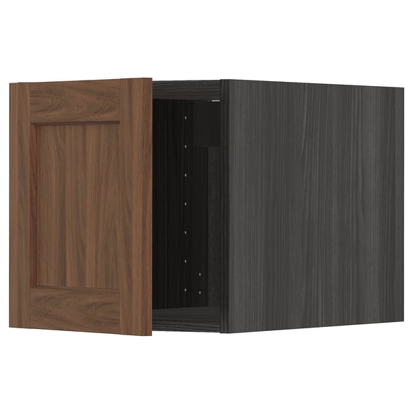 METOD kitchen cabinet in walnut, rectangular shape, open on one side, with wooden door.
