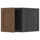 METOD kitchen cabinet in walnut, rectangular shape, open on one side, with wooden door.