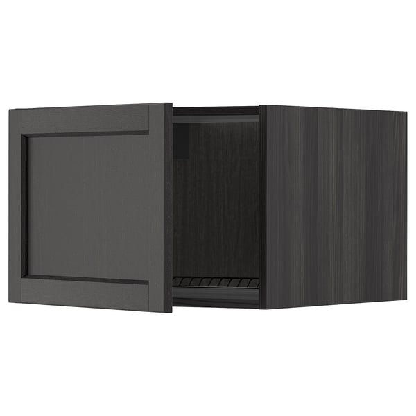 Black wooden kitchen cabinet, dark stained ash with beveled edges, single door open showcasing interior shelf.