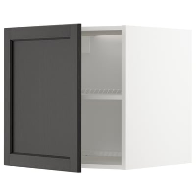 Open METOD kitchen cabinet, dark grey wood, square, two shelves, visible hinges.