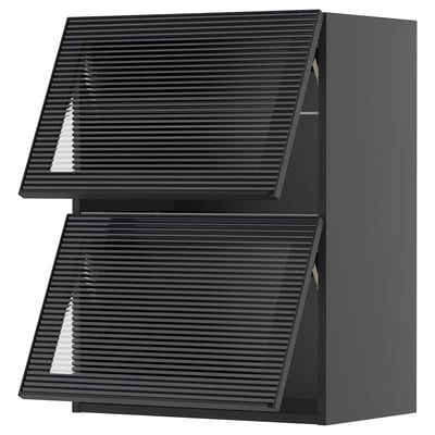 Two dark grey modern kitchen cabinets with sleek, horizontal slatted doors.