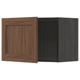 Two boxes, one plain walnut, one dark grey, showcasing METOD kitchen system doors.
