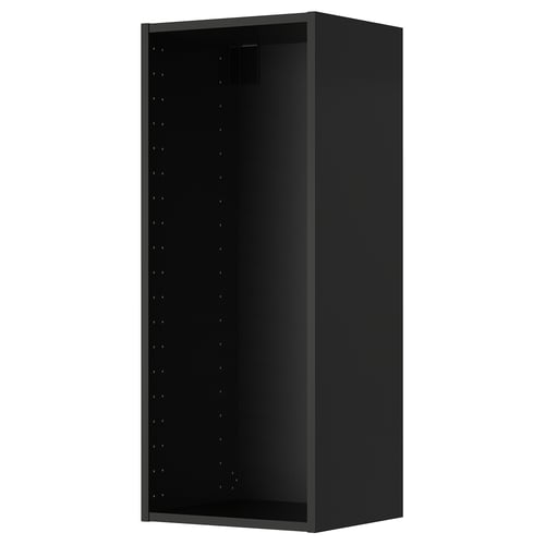 A black METOD wall cabinet, rectangular and modern with a flat design and drilled holes for adjustable shelves.