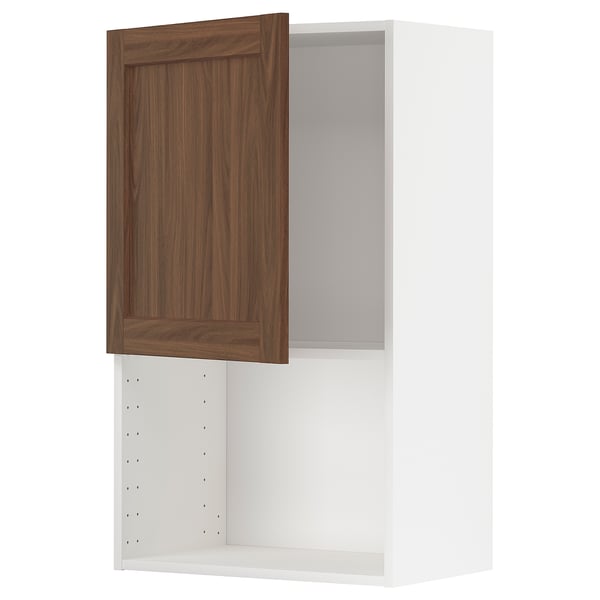METOD kitchen cabinet in white & walnut, open, showing shelf.