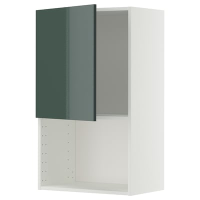 Ikea METOD kitchen unit in high-gloss grey-green with adjustable shelves.
