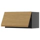A modern kitchen cabinet with a wooden top in oak finish and dark gray bodies.