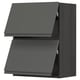Modern gray kitchen cabinet with sleek, dark look & integrated handles.