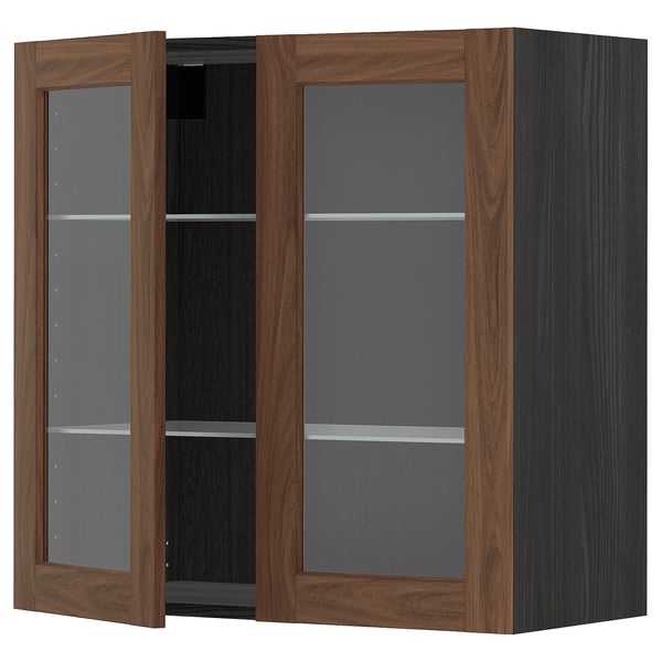 Modern kitchen cabinet, dark brown with glass doors.