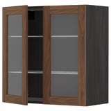 Modern kitchen cabinet, dark brown with glass doors.