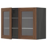 Wooden-framed cabinet with glass doors, walnut finish.