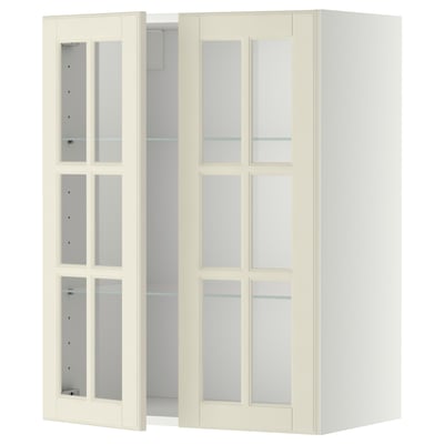 White METOD kitchen cabinet with frosted glass doors and adjustable shelves.