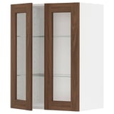 Modern kitchen cabinet with walnut doors and glass shelves.
