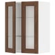Modern kitchen cabinet with walnut doors and glass shelves.