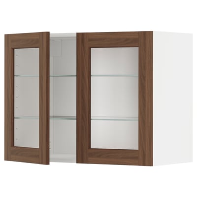 METOD kitchen wall unit, white & walnut, glass shelves, open doors.
