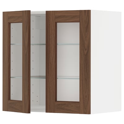 METOD kitchen cabinet, white and dark wood. Glass doors with walnut foil, adjustable shelves, and sturdy frame.