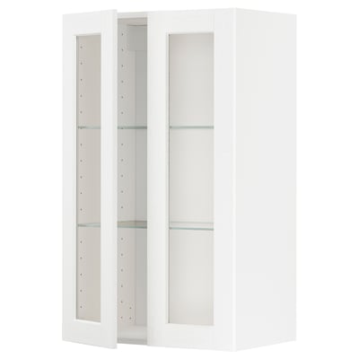 White METOD kitchen cabinet with glass doors, modern minimalist design.