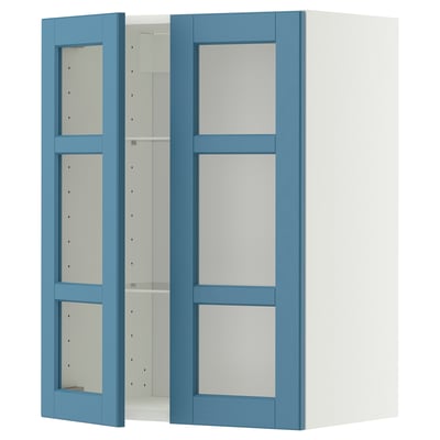 METOD Wall cabinet w shelves/2 glass drs, white/Lerhyttan blue, 60x80 cm