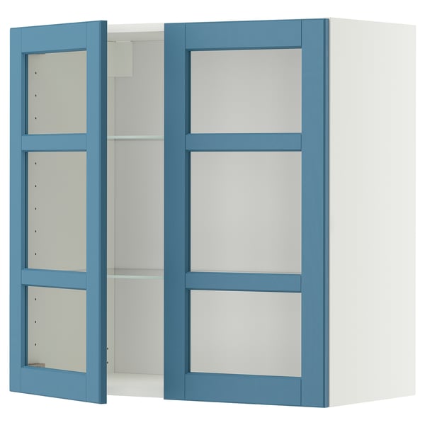 METOD Wall cabinet w shelves/2 glass drs, white/Lerhyttan blue, 80x80 cm