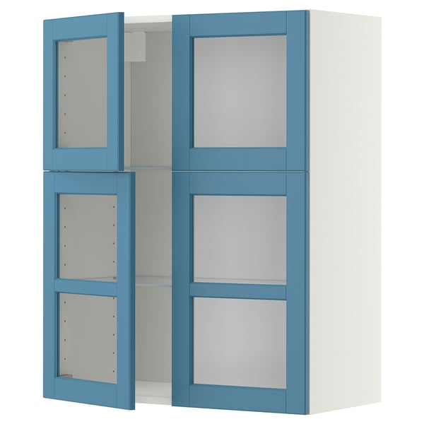 METOD Wall cabinet w shelves/4 glass drs, white/Lerhyttan blue, 80x100 cm