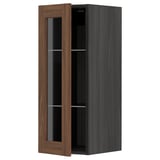 METOD kitchen cabinet with walnut-colored glass doors, sleek design, sturdy frame.