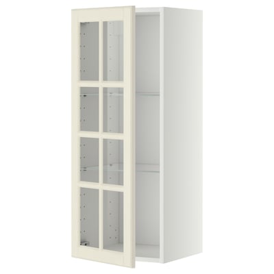 White METOD kitchen cabinet with glass doors, adjustable shelves.