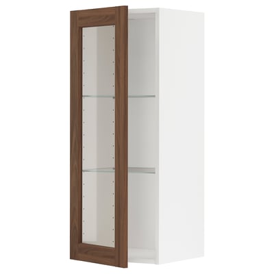 METOD kitchen cabinet, white with walnut-brown glass door, rectangular with adjustable shelf.