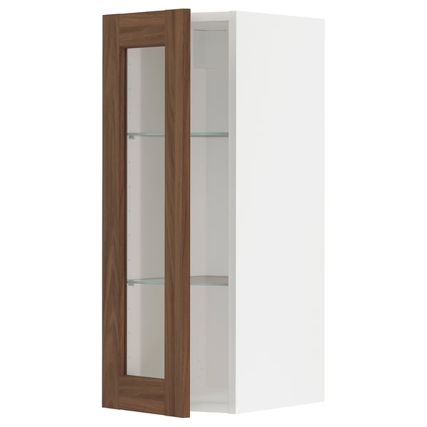 METOD white cabinet with walnut glass door, frosted glass shelves.