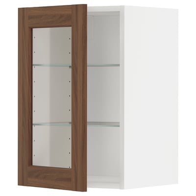 METOD walnut brown cabinet with glass shelves.