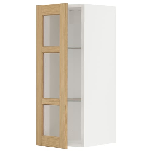 White METOD wall cabinet with oak veneer glass doors, rectangular shape, three shelves, classic kitchen design.