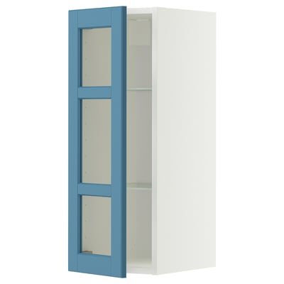 METOD Wall cabinet w shelves/glass door, white/Lerhyttan blue, 30x80 cm