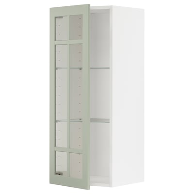 METOD wall cabinet with green glass door, shaped square with adjustable shelf.
