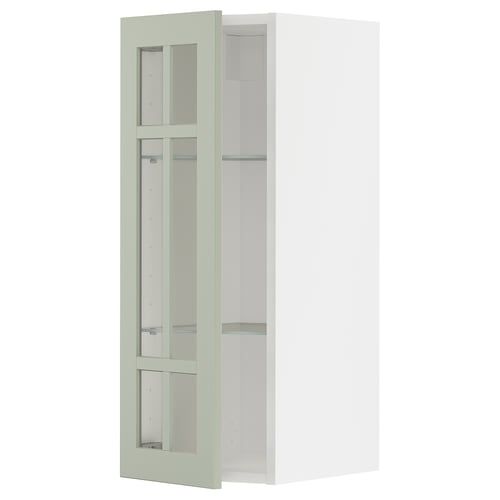 METOD kitchen cabinet with green stensund glass doors, white frame, rectangular, modern design.
