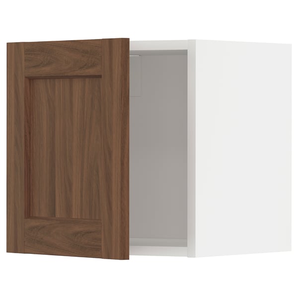 Dark wooden cabinet door open, revealing white inner cabinet. Rectangular shape, modern design.