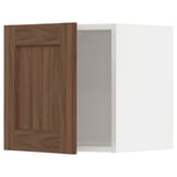 Dark wooden cabinet door open, revealing white inner cabinet. Rectangular shape, modern design.
