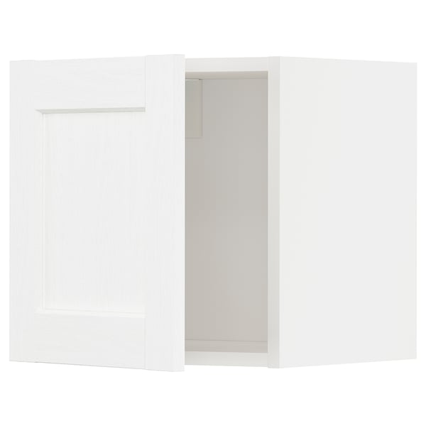 White ikea METOD kitchen cabinet set, classic design with subtle grain, equipped with sturdy frame and snap-on hinges.