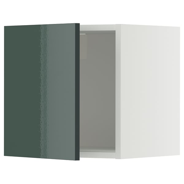 Modern kitchen cabinet: METOD in high-gloss grey-green with sleek, rectangular shape and snap-on hinges.