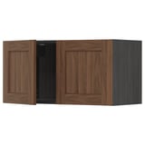 METOD kitchen cabinet with walnut-brown doors, classic wood design, three panels, two open, two closed.