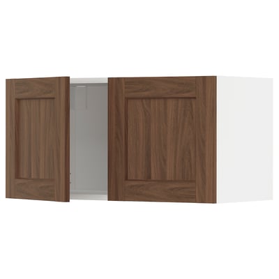 Wooden style kitchen cabinet with dark brown doors. It two wooden doors and white sides. Modern and sturdy design.