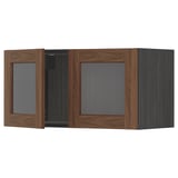 Brown wooden cabinet with glass doors. Classic design, sturdy frame, walnut finish.