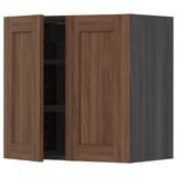 Ikea METOD kitchen unit in walnut brown, featuring two wooden doors, one with shelves inside. Classic, warm design.
