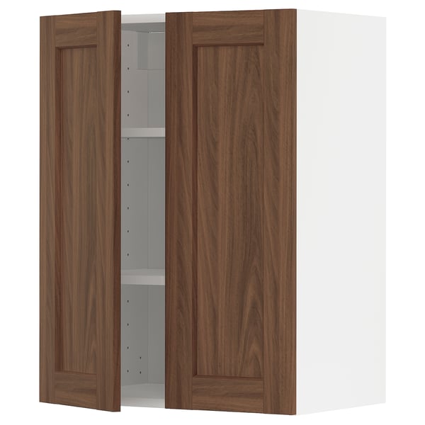Walnut METOD kitchen cabinet with adjustable shelves, featuring dark wood grain, flat-panel design, and sturdy frame.