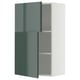 A white METOD kitchen cabinet with high-gloss green doors, hinged open, revealing inner shelves.