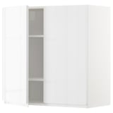 A white METOD kitchen wall cabinet with glass doors, modern and sleek design, featuring adjustable shelves and high gloss finish.