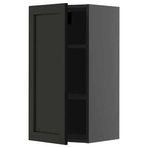 Modern black kitchen cabinet with one adjustable shelf, wall-mountable, square shape, minimalist design.