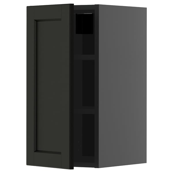 METOD black stained wood kitchen cabinet with adjustable shelves.
